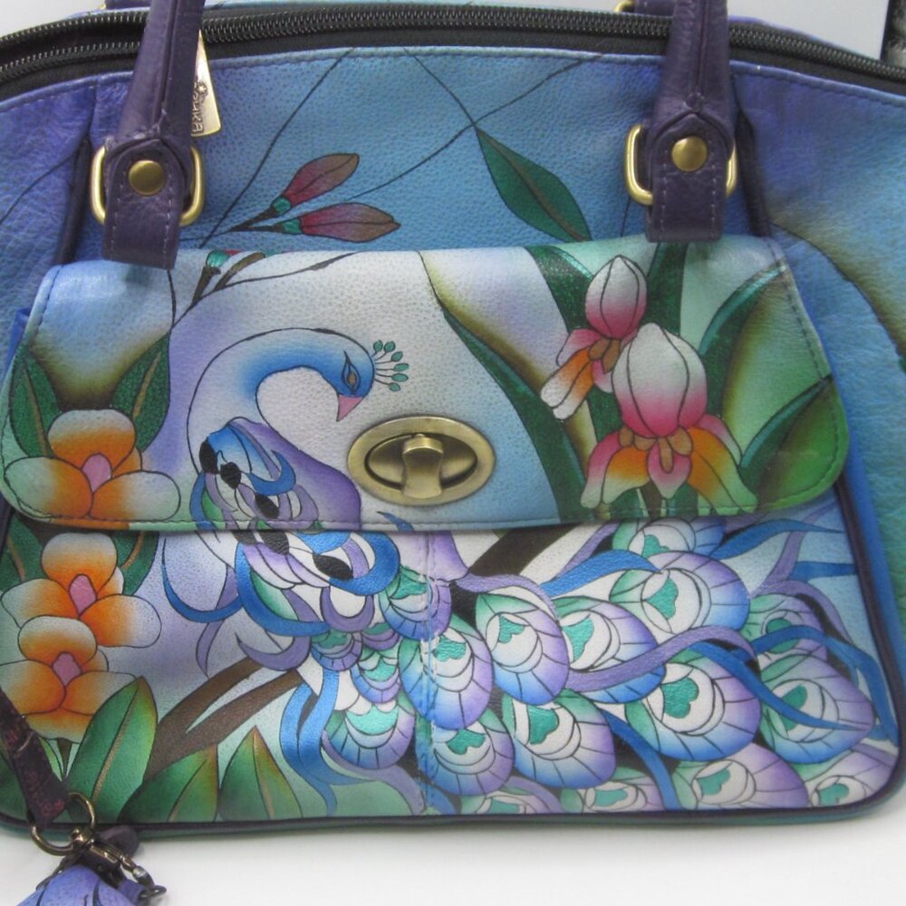Anuschka Satchel Crossbody Bag Peacock Hand Painted - Picture 5 of 10
